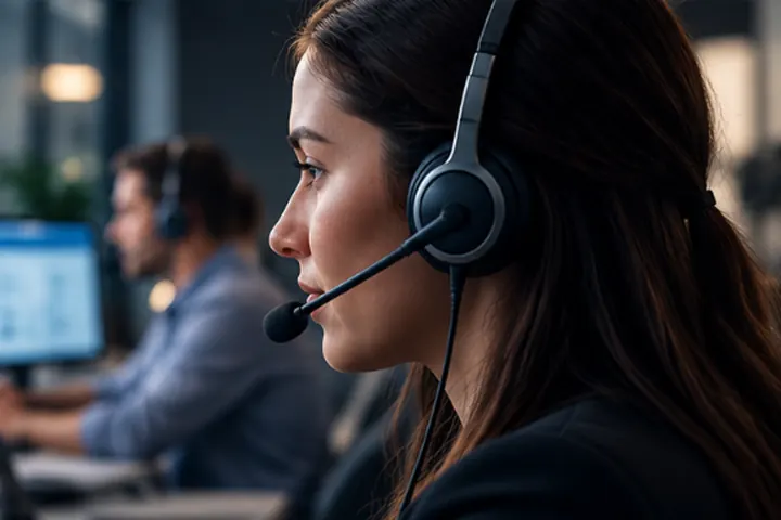 Atendente com headset trabalhando em uma central de atendimento