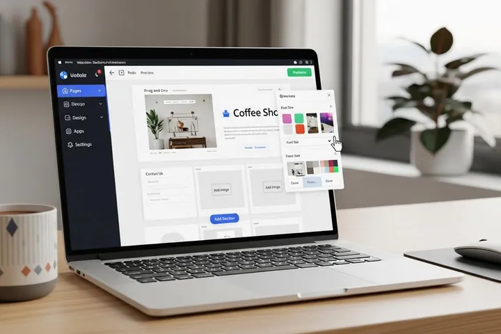 Notebook com o editor de criação de um website aberto sobre a mesa