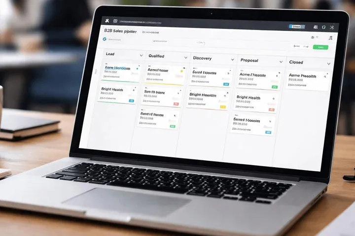 Notebook exibindo o pipeline de vendas de um CRM organizado em etapas