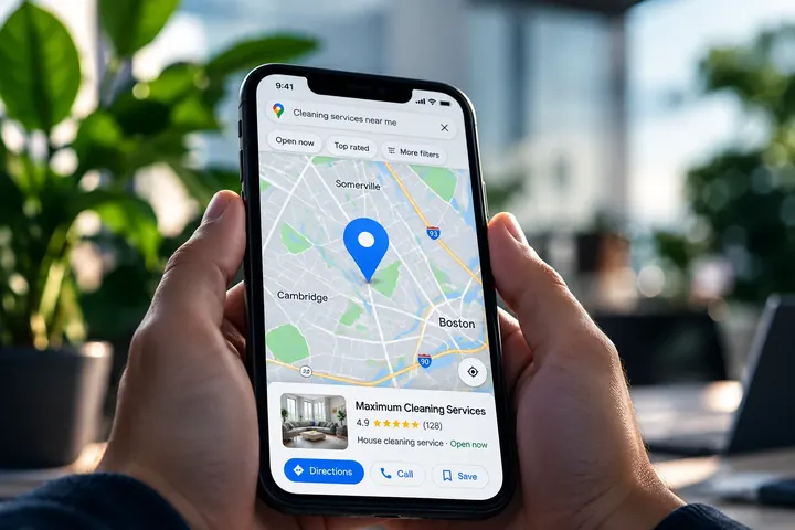 Celular exibindo o perfil de uma empresa no Google Maps