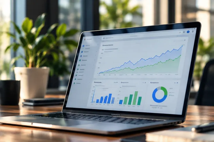 Notebook com relatório de tráfego orgânico e gráficos de desempenho de SEO