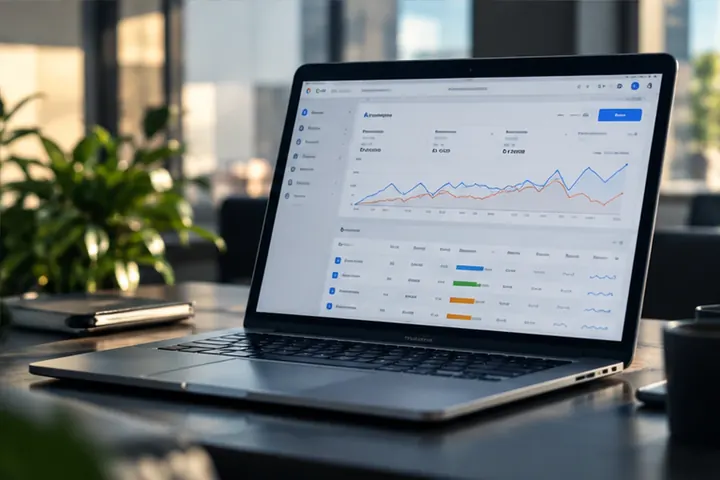 Notebook exibindo painel de campanhas de mídia paga com métricas de desempenho