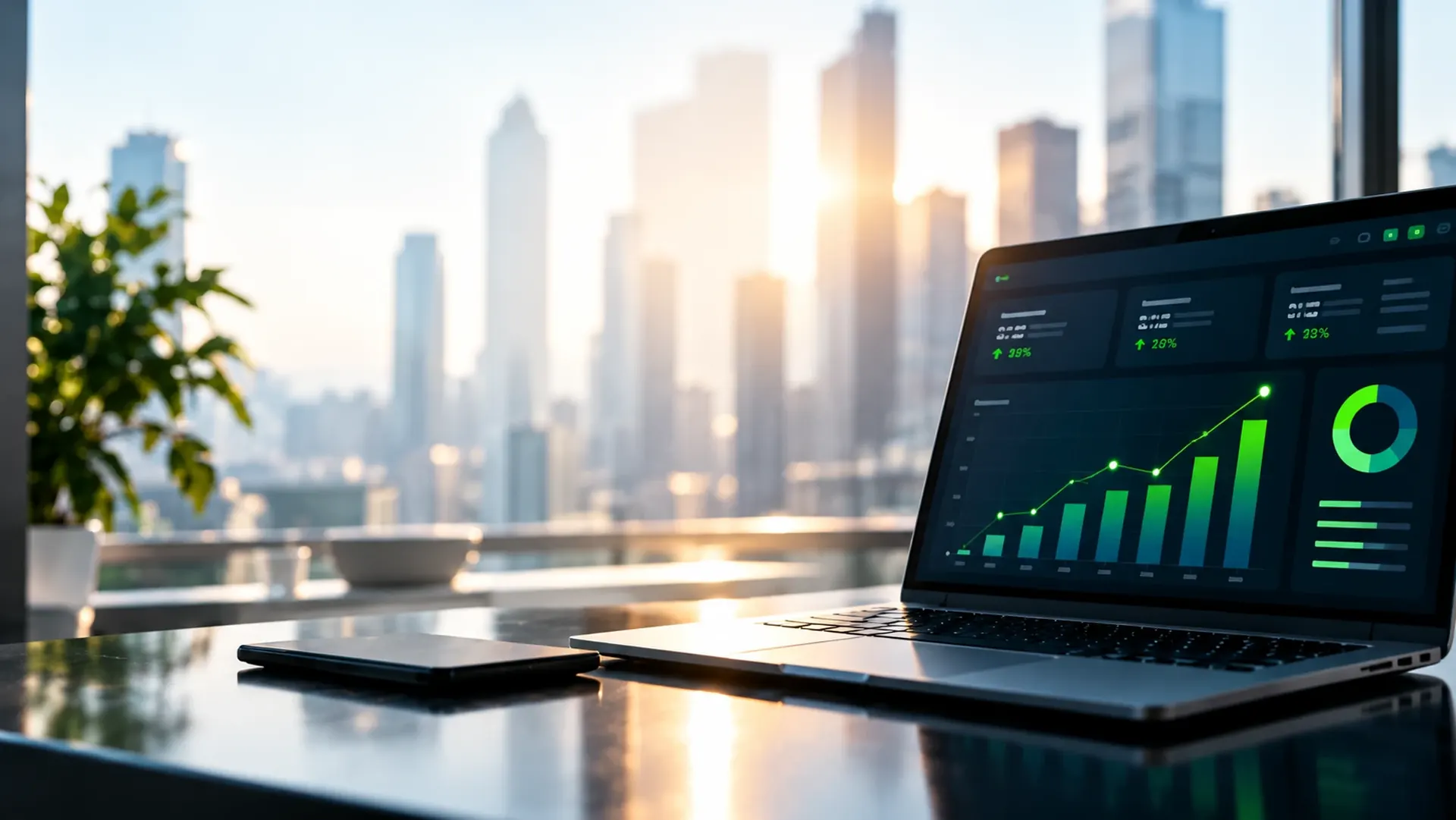 Notebook exibindo um painel de indicadores de crescimento em um escritório com vista para a cidade