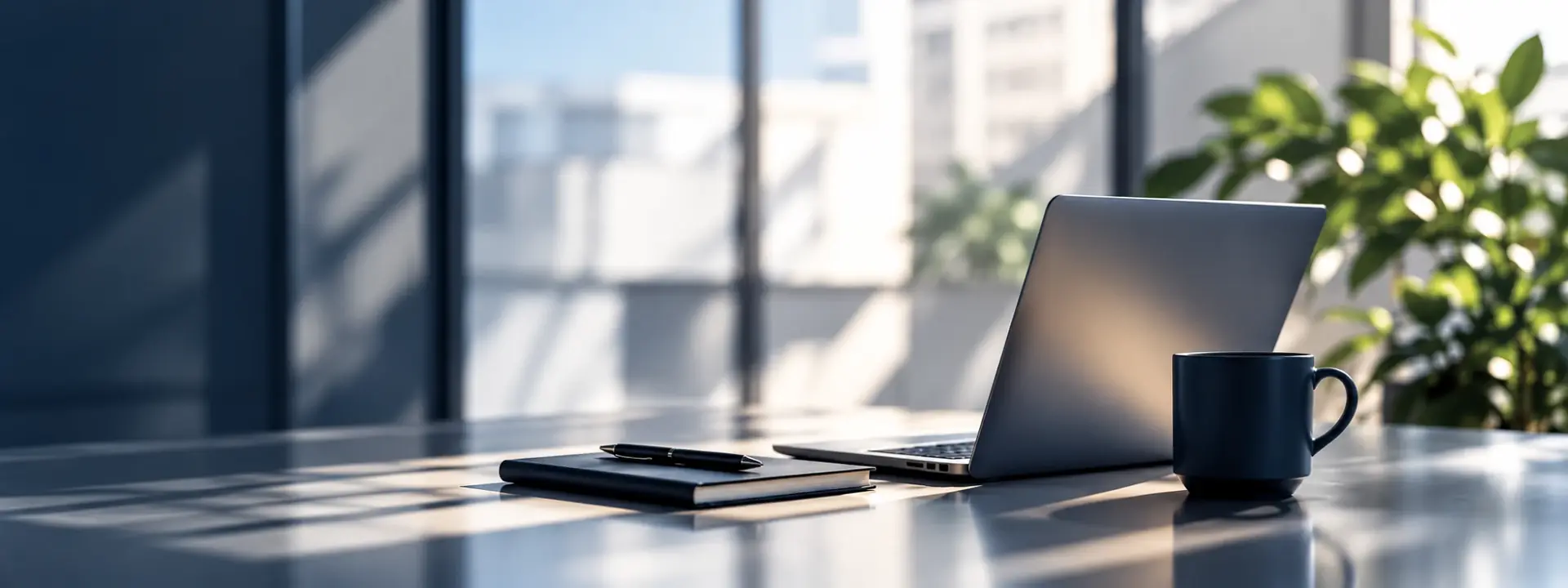 Mesa de trabalho com notebook e caneca em um escritório iluminado com vista para a cidade