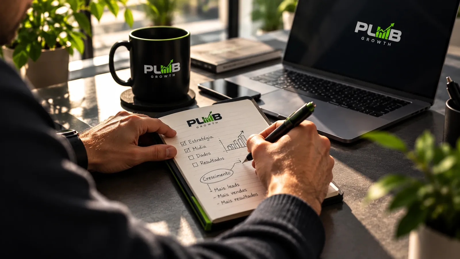 Profissional fazendo anotações em um caderno PLUB Growth, com caneca e notebook da marca na mesa
