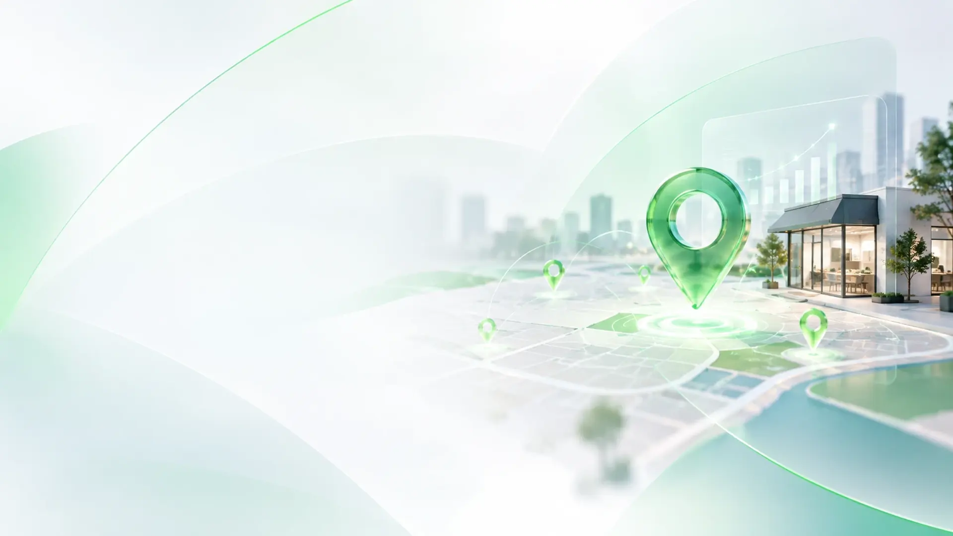 Ilustração de um pin do Google Maps destacando uma empresa local no mapa da cidade