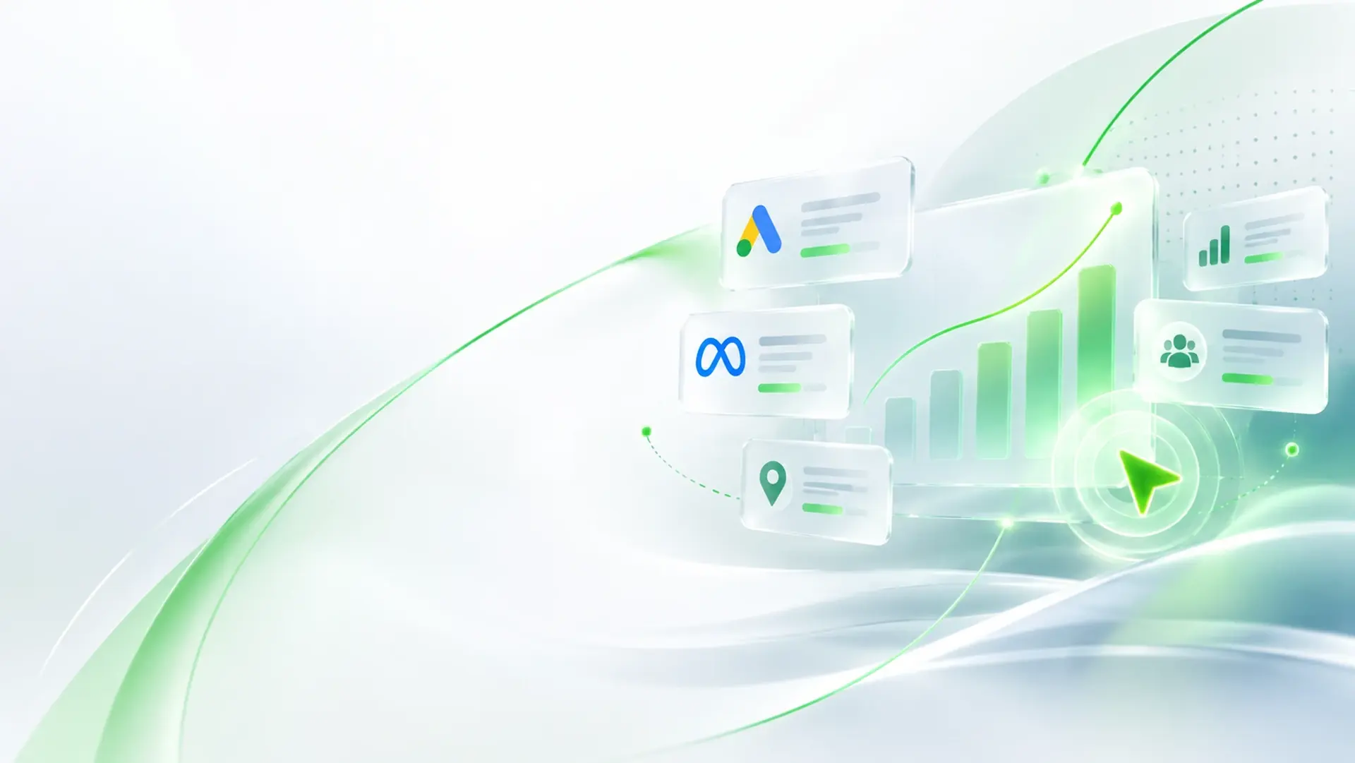 Ilustração de campanhas de Google Ads e Meta Ads com gráfico de resultados em alta